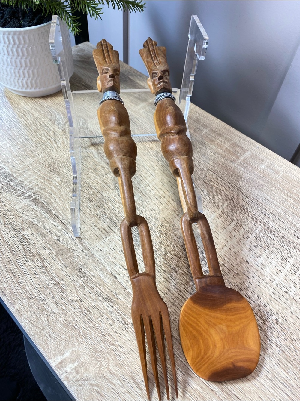 Vintage Tribal African DecorHand Cerved Wood Serving Utensil Fork Spoon 14”